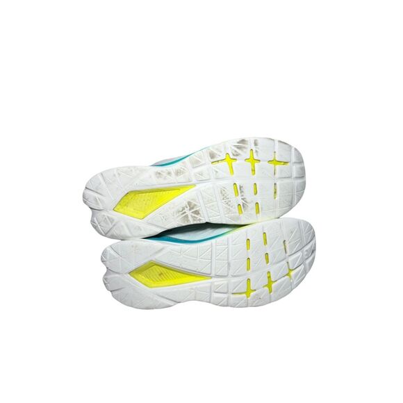 Hoka Mach White Running Shoe with Black Logo and Blue-to-Yellow Gradient size 13
